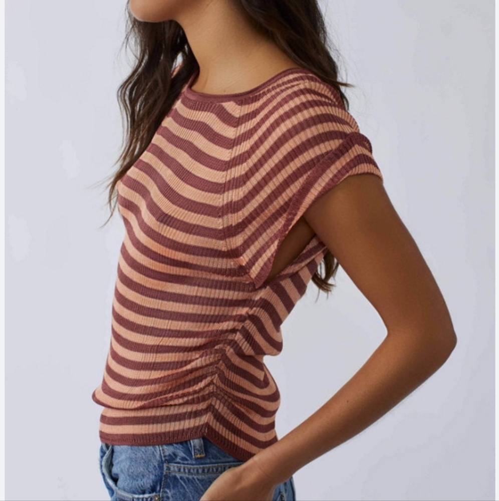 Free People Striped Short Sleeve Tee in Mauve and Blush